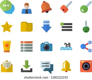 Color flat icon set person flat vector, chat, computer file, pool, sun protection cream fector, key, bell, share, menu, download, message, favorites, camera