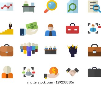 Color flat icon set person flat vector, investments, team, briefcase, headache, recruitment, magnifier, office worker, point diagram, meeting, agreement, career ladder, case