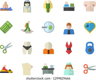 Color flat icon set person flat vector, massage, nurse, breast, artificial insemination, office worker, weight, waistline, swimsuit, lose, hike fector, inflatable mattress, heart pendant, scissors