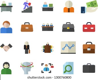 Color flat icon set person flat vector, investments, briefcase, headache, recruitment, magnifier, office worker, point diagram, meeting, agreement, businessman, career ladder, user, case