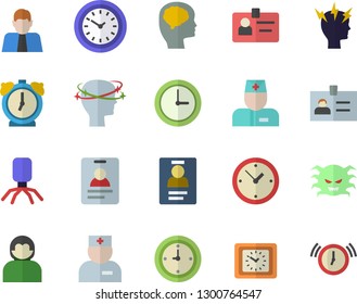 Color flat icon set person flat vector, clock, physician, virus, headache, badge, brain fector, user, alarm