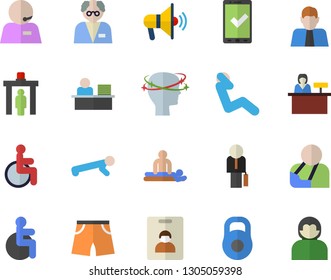 Color flat icon set person flat vector, disabled, massage, injury, headache, phone operator, office worker, businessman, scientist, weight, athletic shorts, push up, swing press, control gate, user