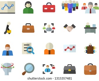 Color flat icon set person flat vector, team, briefcase, headache, recruitment, magnifier, office worker, point diagram, meeting, agreement, businessman, user