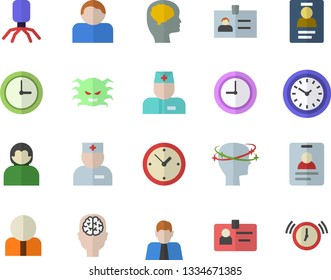 Color flat icon set person flat vector, clock, physician, virus, headache, badge, brain fector, user, alarm