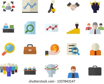 Color flat icon set person flat vector, investments, team, briefcase, headache, recruitment, magnifier, office worker, point diagram, meeting, agreement, businessman, career ladder, case