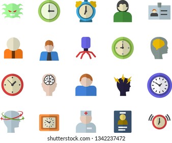 Color flat icon set person flat vector, clock, physician, virus, headache, badge, brain fector, user, alarm
