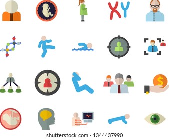 Color flat icon set person flat vector, target audience, investments, team, diagnostics, embryo, gestation, chromosomes, recruitment, hierarchy, scientist, dna, brain fector, swimming, gymnastics