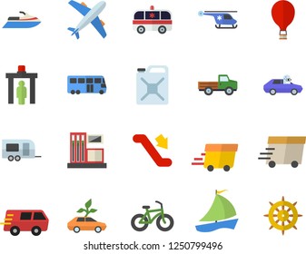 Color flat icon set pickup truck flat vector, gas station, canister, eco cars, autopilot, trucking, express delivery, sailboat, ambulance, helicopter, bicycle, trailer fector, bus, escalator