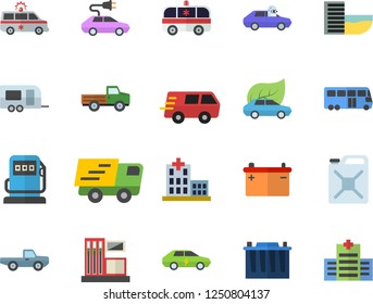 Color flat icon set pickup truck flat vector, gas station, refueling, accumulator, canister, eco cars, electric, autopilot, trucking, hospital, ambulance, trailer fector, bus, hotel first line