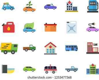 Color flat icon set pickup truck flat vector, gas station, refueling, accumulator, canister, eco cars, electric, autopilot, trucking, hospital, ambulance, car fector, bus, hotel first line