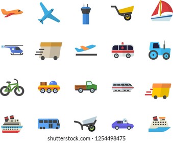 Color flat icon set pickup truck flat vector, tractor, garden wheelbarrow, autopilot, express delivery, sailboat, ambulance, helicopter, lunar rover, bicycle, aircraft fector, train, bus, departure