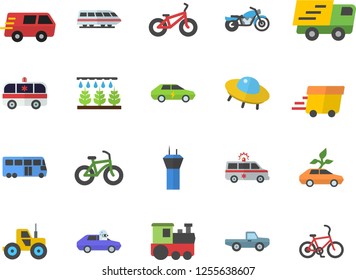 Color Flat Icon Set Pickup Truck Flat Vector, Tractor, Sprinkling Machine, Eco Cars, Electric, Autopilot, Trucking, Express Delivery, Ambulance, Ufo, Bicycle, Train Fector, Bus, Airport Tower