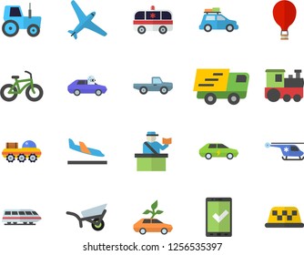 Color flat icon set pickup truck flat vector, tractor, garden wheelbarrow, eco cars, electric, autopilot, trucking, ambulance, helicopter, lunar rover, bicycle, aircraft fector, train, car, balloon