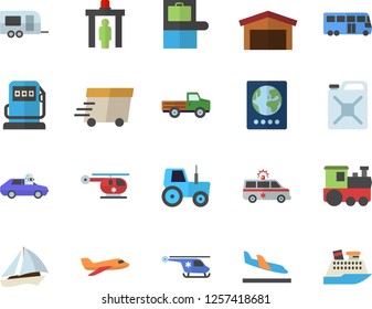 Color flat icon set pickup truck flat vector, tractor, refueling, canister, autopilot, warehouse, express delivery, ambulance, helicopter, aircraft fector, train, trailer, bus, sailboat, passport