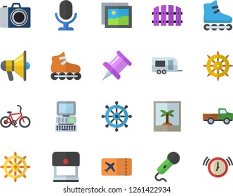Color flat icon set pickup truck flat vector, fence, drawing pin, computer, roller Skates, trailer fector, bicycle, ticket, camera, photo, steering wheel, gallery, stamp, mouthpiece, microphone