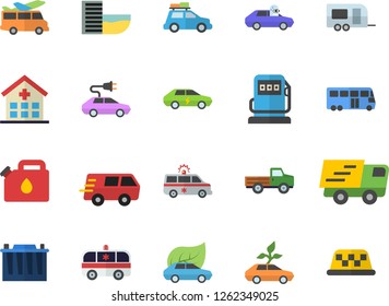 Color flat icon set pickup truck flat vector, refueling, accumulator, canister, eco cars, electric, autopilot, trucking, hospital, ambulance, car fector, trailer, bus, hotel first line, transfer