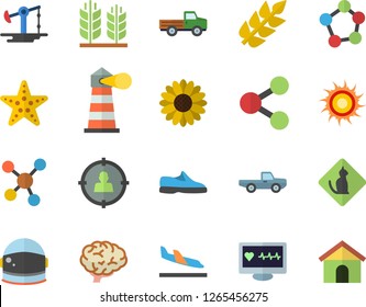 Color flat icon set pickup truck flat vector, flower, oil pumping, lighthouse, target audience, molecules, computer diagnostics of health, ear, brain, astronaut helmet fector, sneakers, arrival, sun