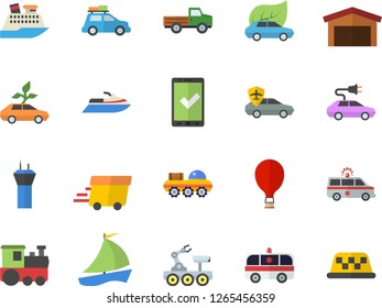 Color flat icon set pickup truck flat vector, eco cars, electric, autopilot, warehouse, express delivery, sailboat, ambulance, lunar rover, train fector, car, airport tower, balloon, check in, taxi
