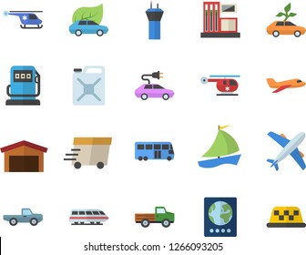 Color flat icon set pickup truck flat vector, gas station, refueling, canister, eco cars, electric, warehouse, express delivery, sailboat, helicopter, aircraft fector, train, bus, airport tower