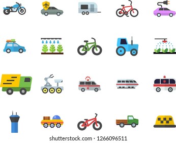 Color flat icon set pickup truck flat vector, tractor, sprinkling machine, electric cars, autopilot, trucking, ambulance, lunar rover, bicycle, train fector, car, trailer, airport tower, motorcycle