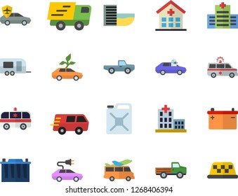 Color flat icon set pickup truck flat vector, accumulator, canister, eco cars, electric, autopilot, trucking, hospital, ambulance, trailer fector, hotel first line, transfer, taxi