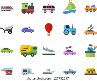 Color flat icon set pickup truck flat vector, tractor, garden wheelbarrow, eco cars, electric, autopilot, trucking, sailboat, ambulance, helicopter, lunar rover, train fector, trailer, balloon, taxi