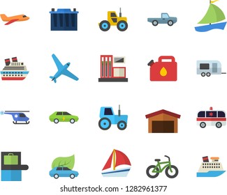 Color flat icon set pickup truck flat vector, tractor, gas station, accumulator, canister, eco cars, electric, warehouse, sailboat, ambulance, helicopter, bicycle, aircraft fector, trailer