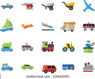 Color flat icon set pickup truck flat vector, tractor, garden wheelbarrow, eco cars, electric, trucking, express delivery, sailboat, ambulance, helicopter, aircraft fector, train, car, bus, arrival