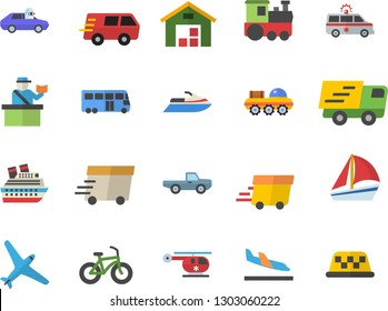 Color flat icon set pickup truck flat vector, autopilot, trucking, express delivery, sailboat, warehouse, ambulance, helicopter, lunar rover, bicycle, aircraft fector, train, bus, passport control