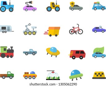Color flat icon set pickup truck flat vector, tractor, sprinkling machine, eco cars, electric, autopilot, trucking, express delivery, lunar rover, ufo, train fector, car, trailer, bicycle, taxi