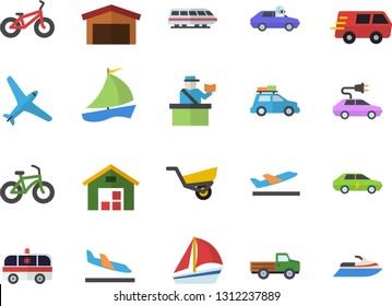 Color flat icon set pickup truck flat vector, garden wheelbarrow, electric cars, autopilot, warehouse, trucking, sailboat, ambulance, bicycle, aircraft fector, train, car, passport control, arrival