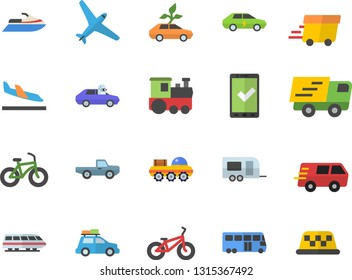 Color flat icon set pickup truck flat vector, eco cars, electric, autopilot, trucking, express delivery, lunar rover, bicycle, aircraft fector, train, car, trailer, bus, check in, arrival, taxi