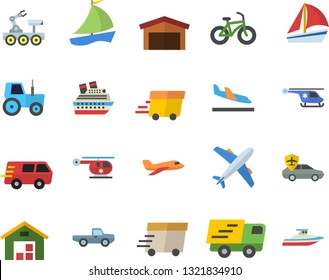 Color flat icon set pickup truck flat vector, tractor, autopilot, warehouse, trucking, express delivery, sailboat, helicopter, lunar rover, bicycle, aircraft fector, arrival, cruise ship, yacht