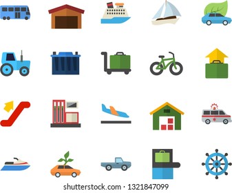Color flat icon set pickup truck flat vector, tractor, gas station, accumulator, eco cars, warehouse, ambulance, bicycle, bus fector, sailboat, escalator, baggage claim, arrival, hand luggage