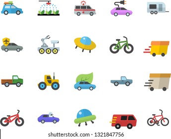 Color flat icon set pickup truck flat vector, tractor, sprinkling machine, eco cars, electric, autopilot, trucking, express delivery, ambulance, lunar rover, ufo, bicycle, car fector, trailer