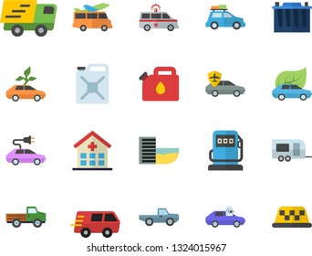 Color flat icon set pickup truck flat vector, refueling, accumulator, canister, eco cars, electric, autopilot, trucking, hospital, ambulance, car fector, trailer, hotel first line, transfer, taxi