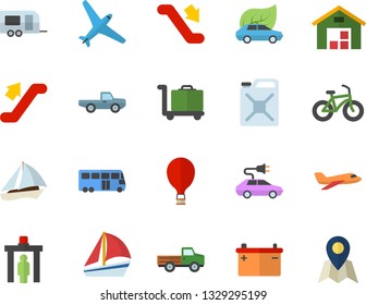 Color flat icon set pickup truck flat vector, accumulator, canister, eco cars, electric, sailboat, warehouse, bicycle, aircraft fector, trailer, bus, escalator, balloon, control gate, location