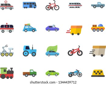 Color flat icon set pickup truck flat vector, tractor, eco cars, electric, autopilot, express delivery, ambulance, lunar rover, bicycle, train fector, car, bus, motorcycle, taxi