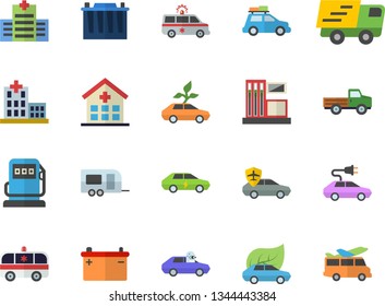 Color flat icon set pickup truck flat vector, gas station, refueling, accumulator, eco cars, electric, autopilot, trucking, hospital, ambulance, car fector, trailer, transfer
