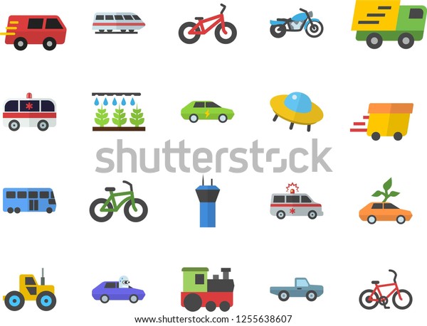 Color flat icon set pickup truck flat vector,\
tractor, sprinkling machine, eco cars, electric, autopilot,\
trucking, express delivery, ambulance, ufo, bicycle, train fector,\
bus, airport tower