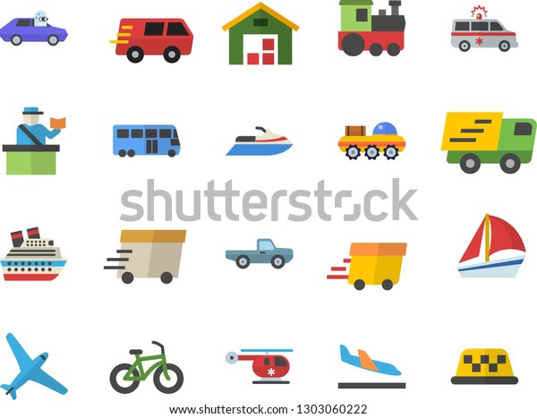 Color flat icon set pickup truck flat vector,\
autopilot, trucking, express delivery, sailboat, warehouse,\
ambulance, helicopter, lunar rover, bicycle, aircraft fector,\
train, bus, passport\
control