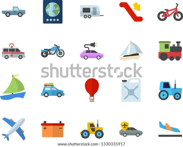 Color flat icon set pickup truck flat vector,\
tractor, accumulator, canister, electric cars, autopilot, sailboat,\
ambulance, bicycle, train fector, car, trailer, escalator,\
motorcycle, balloon