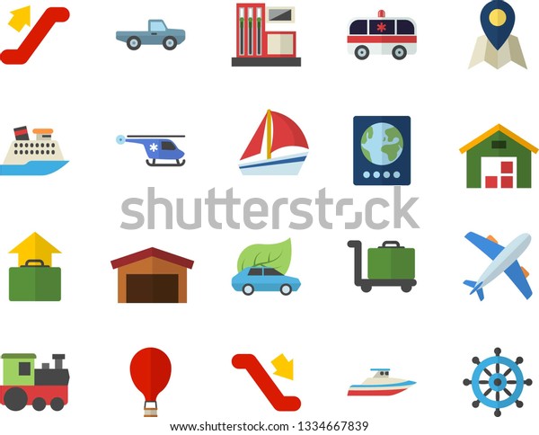 Color flat icon set pickup truck flat vector,\
gas station, eco cars, warehouse, sailboat, ambulance, helicopter,\
train fector, escalator, balloon, passport, aircraft, hand luggage,\
trolley, location