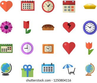Color flat icon set pie flat vector, flower, tulip, calendar, clock, present, heart, chaise lounge fector, globe