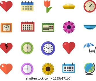 Color flat icon set pie flat vector, flower, tulip, calendar, clock, heart, sea beach fector, chaise lounge, globe