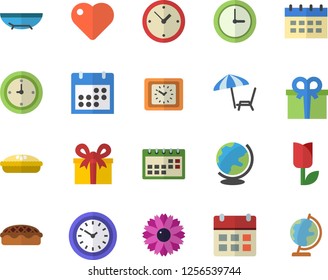 Color flat icon set pie flat vector, flower, tulip, clock, present, heart, calendar, sea beach fector, chaise lounge, globe