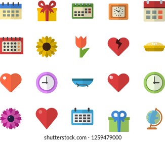 Color flat icon set pie flat vector, flower, tulip, calendar, clock, present, heart, sea beach fector, globe