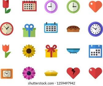 Color flat icon set pie flat vector, flower, tulip, calendar, clock, present, heart, sea beach fector