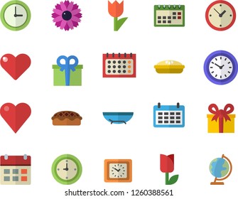 Color flat icon set pie flat vector, flower, tulip, calendar, clock, present, heart, sea beach fector, globe