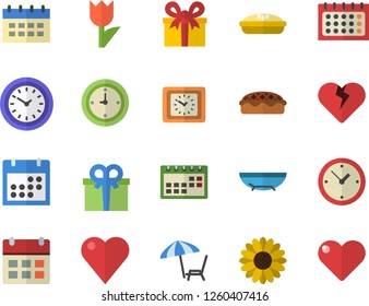 Color flat icon set pie flat vector, flower, tulip, calendar, clock, present, heart, sea beach fector, chaise lounge